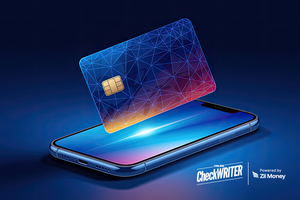 A Glowing Digital Virtual Card Hovering Above a Smartphone for Secure Online Payment.