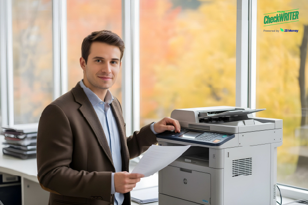 Transform Your Payment Experience with the Leading Costco Checks Alternative A man printing documents in an office, highlighting a faster and safer alternative to Costco Checks.