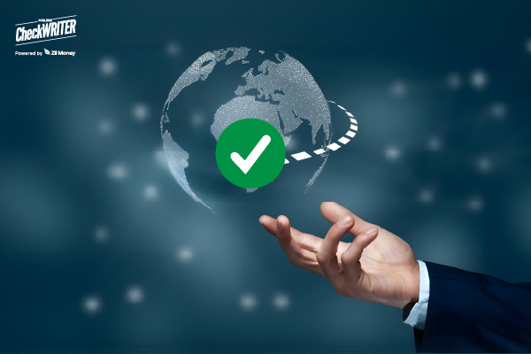 U.S. Startups & Swedish Tech: How a Modern International Payment Solution Simplifies Global Procurement A business hand holding a digital globe with a check mark, symbolizing secure international payment solution.