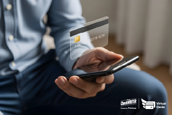 The Remote Worker’s Secret Weapon: 5 Reasons to Use a Visa Virtual Card in 2025 A man uses his phone with a digital Visa Virtual Card floating above, showing secure and easy online payments.