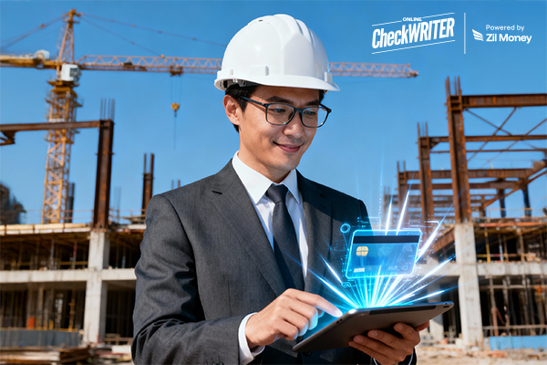 A Man Using A Tablet to Make a Virtual Card Payment Easily. Construction Worker Cards: Control Payments, Manage Budgets