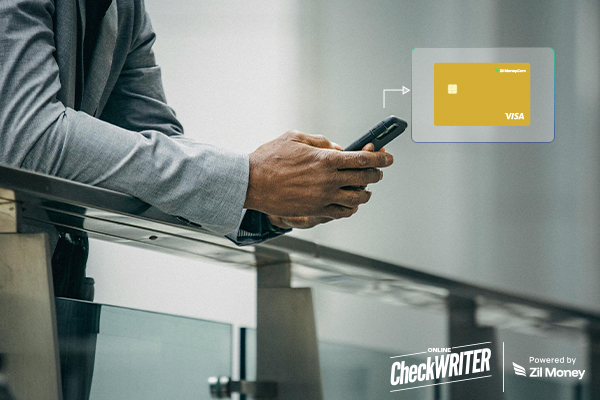 A person holding a smartphone, with an Expense Control Virtual Card appearing to flow from it, symbolizing digital payments.