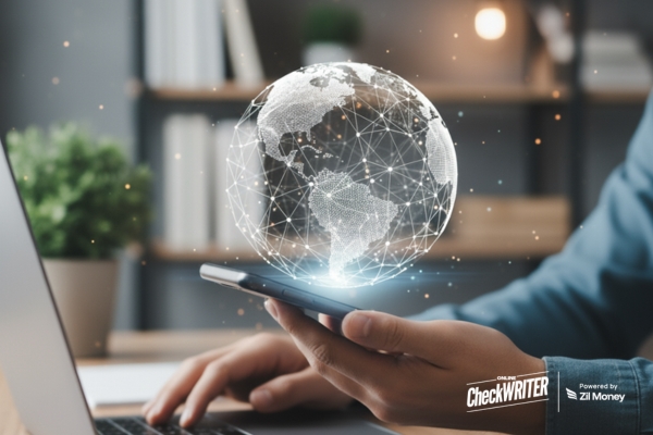 Fast International Payment: The Global Shortcut Businesses Have Been Waiting For A Person Using a Smartphone with a Digital Globe Overlay, Symbolizing Fast International Payments Made Secure and Quick.