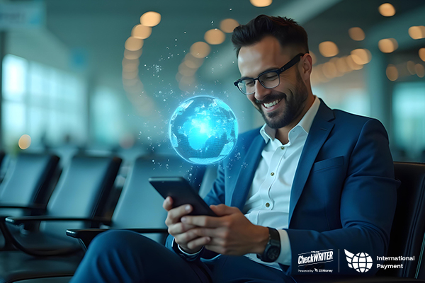 From Expense to Advantage: How a Right Fast International Payments App Powers Your Business Today A man in a suit smiles while using a tablet at an airport, with a globe icon floating above it, representing fast international payments.