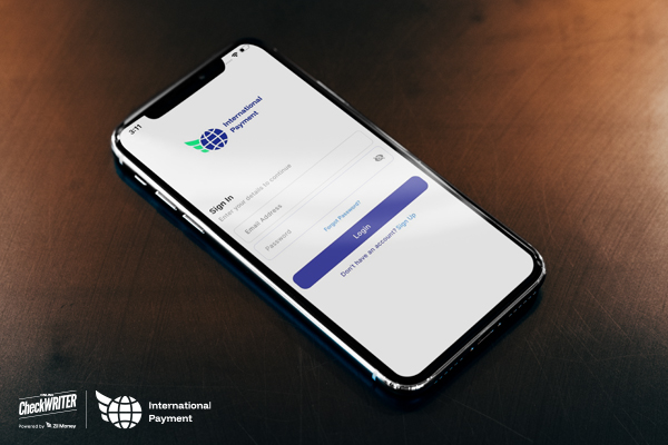 A Smartphone Login Screen Highlights Fast International Payments Through a Secure Mobile App.