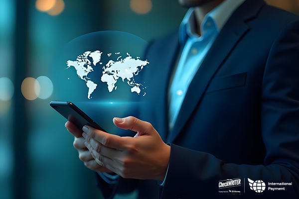Fast International Payments in 2025: 5 Myths Shattered A Businessman Holds a Phone Showing a Holographic World Map, Symbolizing the Ease of Making Fast International Payments.