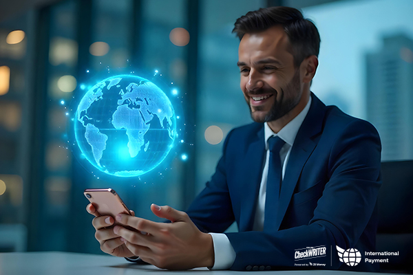 A smiling businessman uses his phone for fast international payments, with a glowing, futuristic globe hovering over it.