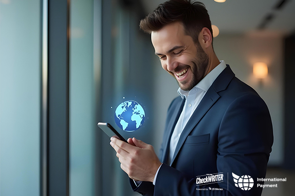 A Businessman Smiling at His Phone, Highlighting the Ease of Fast International Payments.