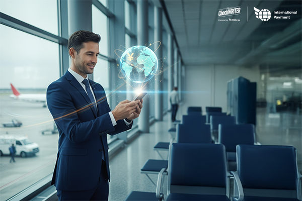 A businessman uses a smartphone with a glowing globe hologram, representing fast international payments, in an airport waiting area.