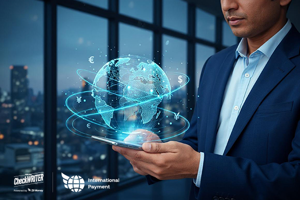 Fast International Payments: Accelerating Cross-Border Transactions with Your Mobile App A Professional Holding a Phone with a Holographic Globe Showing Different Currencies, Representing Fast International Payments.