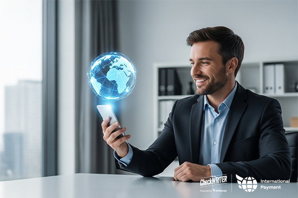 A smiling man uses a mobile app for fast international payments, with a glowing globe hovering over his phone.