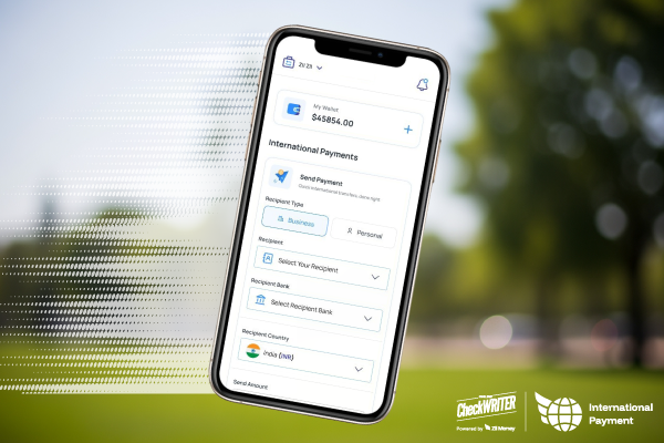 A mobile screen showing an app interface for sending fast international payments, emphasizing simple, on-the-go global money transfers.