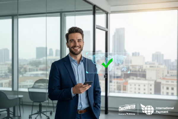 A Businessman Holding a Phone with a Digital World Map, Showing the Ease of Fast International Payments.