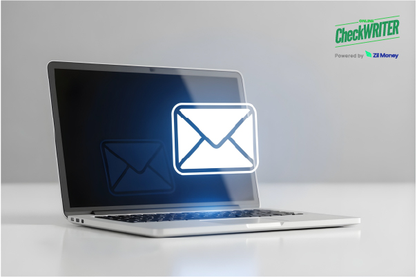 Mailing Checks Is the Bridge Between Old and New Finance A laptop displaying a large envelope icon, symbolizing the digital process of mailing checks.