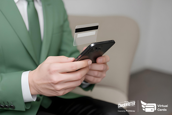 A Man in a Green Suit Uses a Phone with a Virtual Card, Showing Secure and Convenient Digital Payments.