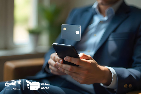 Virtual Cards in 2025: The Mobile App That Redefines B2B Payments A Businessman Using a Phone with a Digital Virtual Card Floating, Showing Secure and Modern Payments.