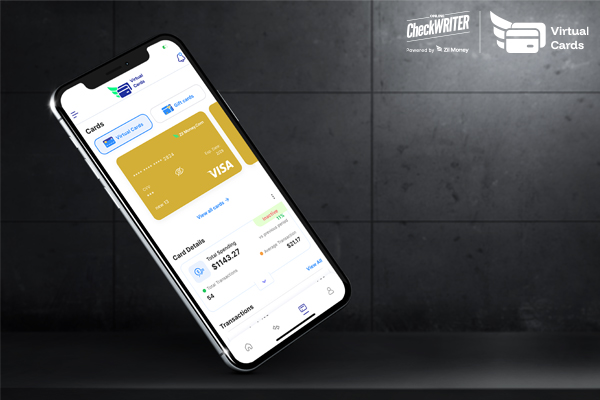 Digital-First is Reality in 2025: How a Virtual Card App is Powering Business Growth Today Smartphone displaying a gold virtual card with transaction details and a Visa logo, emphasizing mobile expense control.