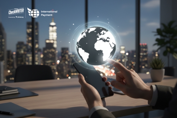 Why Are Businesses Switching to an International Pay App in 2025 A Person Holds a Smartphone with a Glowing Globe Icon Above It, Representing the Convenience of Fast International Payments for Global Business.