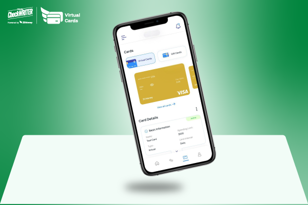Mobile app screen showing a bright gold virtual card and card details, highlighting convenience for quick, secure payments.