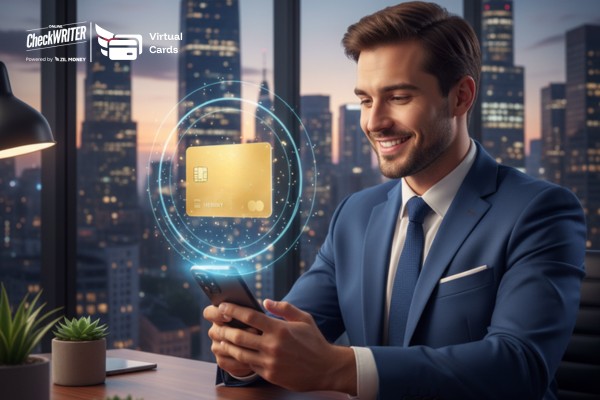 Professional man using a mobile app to activate or view his gold Virtual Card with a city skyline backdrop, suggesting modern financial control.