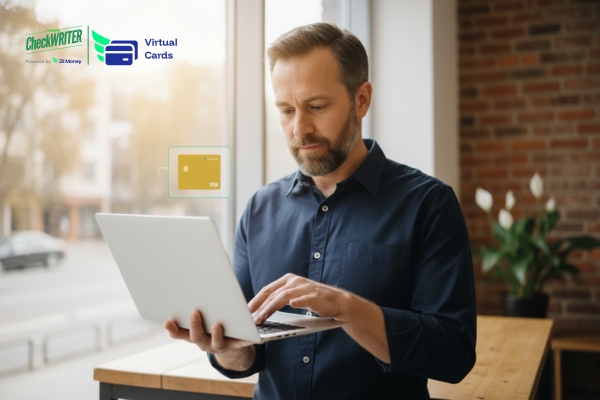 5 Reasons Instant Payroll Cards Transforming Businesses in 2025 A Person Holding a Laptop Showing a Virtual Card To Make Payroll Payments. 5 Reasons Instant Payroll Cards Transforming Businesses in 2025