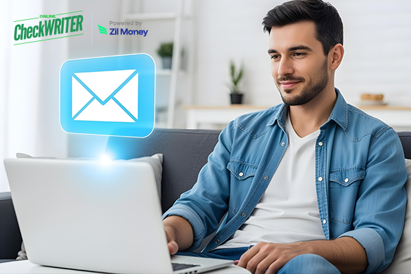 How the Secure and Right Check Mailing Platform Eliminates Errors and Guarantees Efficiency Today Smiling man on a couch using a laptop with a glowing envelope icon, illustrating digital check mailing convenience.