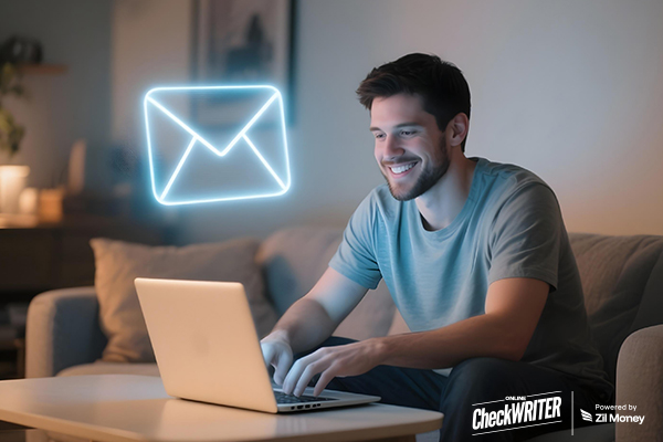 Top 5 Reasons Your Business Should Switch to Online Check Mailing Smiling man using a laptop at night with a glowing envelope icon, illustrating easy check mailing.