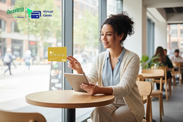 A Women Using a Tablet Showing a Virtual Card to Make Payments. Empowering Employees with Virtual Business Expense Cards