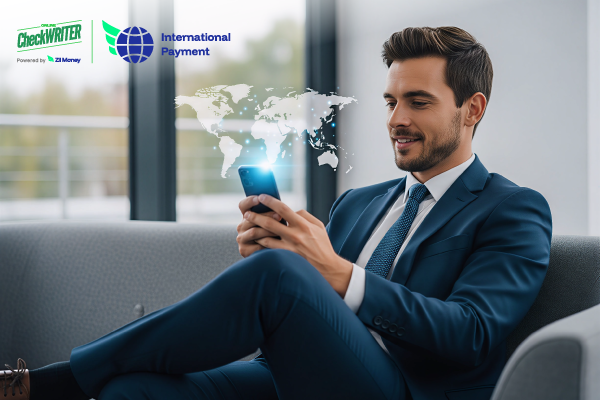 Fast International Payments: 5 problems That Slow You Down (And How to Fix Them) Businessman using mobile app for fast international payments, showing global map overlay for convenient cross-border transfers.