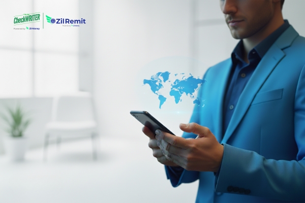 How Timely International Payments Fortify Your Supply Chain Resilience A businessman in a blue suit using a smartphone with a world map overlay, suggesting easy, global international payments.