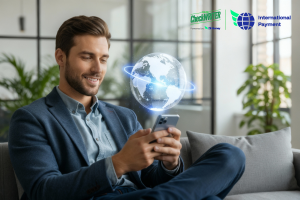 Man smiling while holding a phone with a holographic globe above it, illustrating easy international payments.