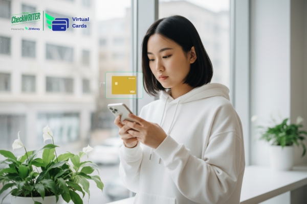 A Woman Using A Mobile Phone to Make a Payment Easily. Deploy Hundreds of Cards with Mass Card Deployment.