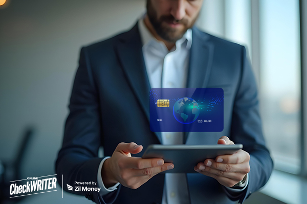 Instant Control, Smarter Spending: The Rise of New York Corporate Cards Man in a Suit Holds a Tablet Displaying a Secure New York Corporate Cards Design with a Globe and Chip.