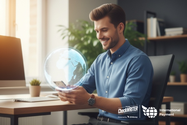 Smiling man using a mobile phone with a glowing globe overlay, symbolizing easy and fast international payments.