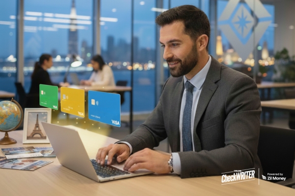 The Future of Travel Payments Bulk Virtual Cards as a Competitive Advantage A travel manager smiles while creating Bulk Virtual Cards on a laptop, showing easy and efficient payment issuance for global travel.