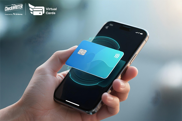 4 Valuable Reasons to Make the Modern Switch to the Virtual Card App Hand holding a smartphone that displays a blue, contactless virtual card ready for an efficient payment.