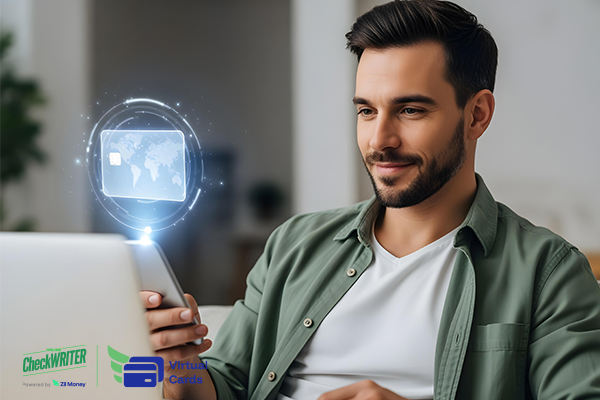 A Man Using A Laptop and a Mobile to Make a Virtual Card Payment. Set Limits, Track Expenses with AI-Powered Receipt Analysis, and Manage Global Teams Efficiently