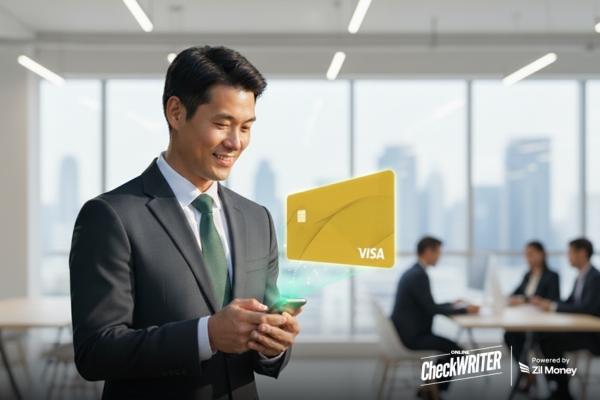 A Man Using A Mobile to Make a Payment Easily. Manage Business Expenses with a Virtual Card.