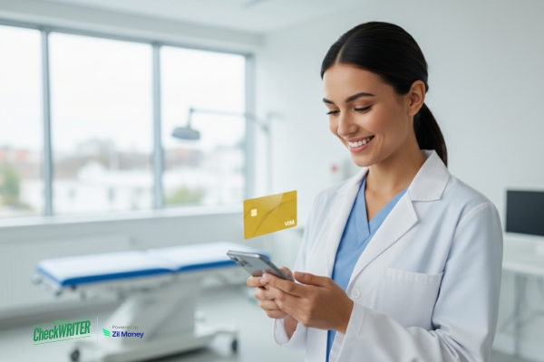 A Woman Using A Phone that Represents a Virtual Card. Manage Healthcare Spending with a Healthcare Expense Card.
