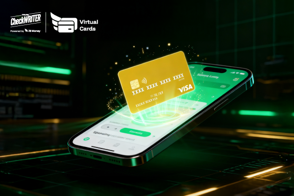 Smartphone displaying a virtual card over a green-lit, tech background, showing secure and convenient digital payments.