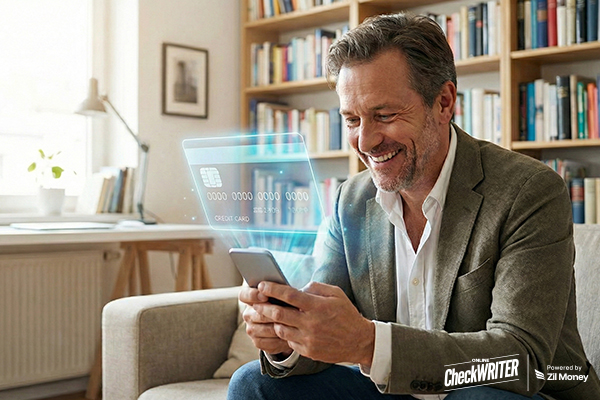 Smiling Man Using His Smartphone to Access a Digital Virtual Card in a Home Office Environment.