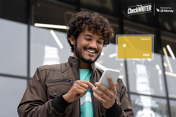 A Smiling Man Uses His Phone to Activate an Instant Virtual Card, Showing a Secure Digital Visa Card on Screen